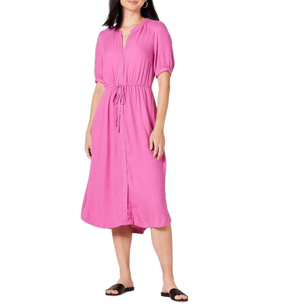 AZ Essentials Relaxed Fit Half-Sleeve Waisted Midi‎ A-Line Dress in Pink - Large